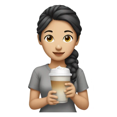 an asian girl with black hair tied in bun wearing a cute gray shirt holding a cup of iced coffee in her hand sticker