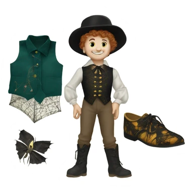 Tom Thumb whimsical fairytale boy shoes and thistledown doublet shirt made of spider web sticker