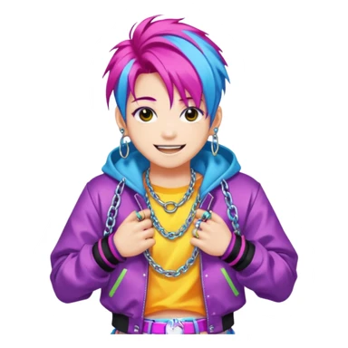  portrait-of-young-monster-idol-in-kpop-style,-wearing-flashy-streetwear-outfit,-colorful-dyed-hair,-confident-pose,-accessorized-with-chains- sticker