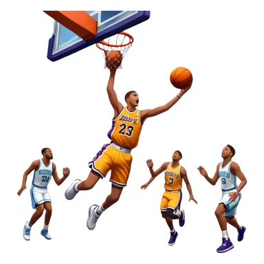 An icon showing a basketball court with players in action, inspired by NBA 2K25. A player jumps for a dunk, the ball mid-air, surrounded by a vibrant basketball arena with cheering fans and bright lights. Transparent background emphasizes the intense atmosphere sticker