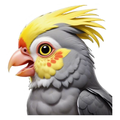 Cinematic Comical Cockatiel Portrait Emoji, Head tilted dramatically with an exaggeratedly amused expression, featuring a striking grey fur with bold yellow accents and a flamboyant crest, wide, expressive dark eyes filled with playful disbelief, Simplified yet hilariously expressive features, highly detailed, glowing with a slightly sassy glow, high shine, dramatic yet playful, stylized with an air of cheeky mischief, bright and endearing, soft glowing outline, capturing the essence of a spirited and over-the-top cockatiel, so meme-worthy it feels like it could side-eye its way into internet fame instantly! sticker