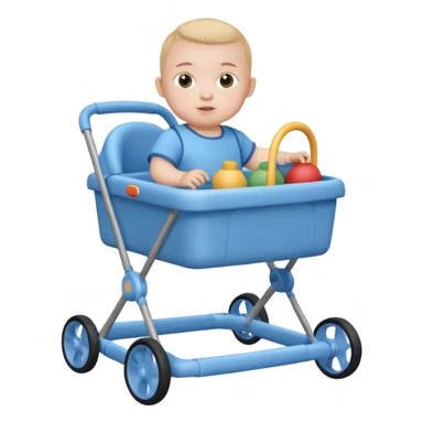 blue baby walker with toys on  it and baby is sittting sticker