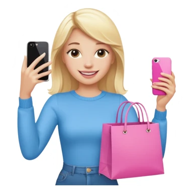 Blond influencer taking selfie with an iphone with one hand and a pink shopping bag in the other hand sticker
