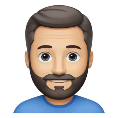 A middle-aged man with a medium black and gray beard, short dark hair cut to the scalp on the sides and combed back on top, blue eyes, smiling sticker