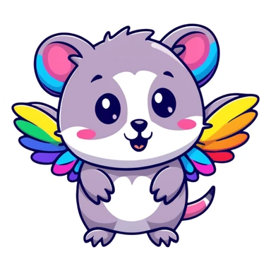 colorful possum with rainbow wings, sparkly halo, lots of glitter sticker
