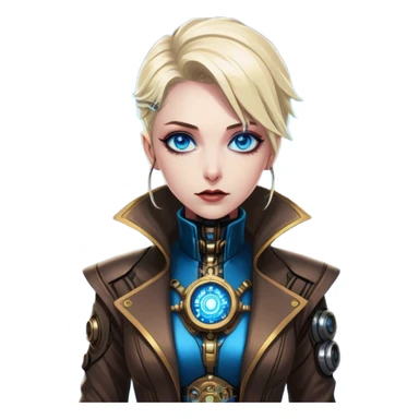 Dr. Nyx Oppen is a rogue quantum physicist turned cybernetic oracle. He exudes elegance, mystery, and futuristic sophistication, standing against the neon skyline of a cyberpunk city, with striking blue eyes and a refined, brass-accented steampunk outfit.  sticker