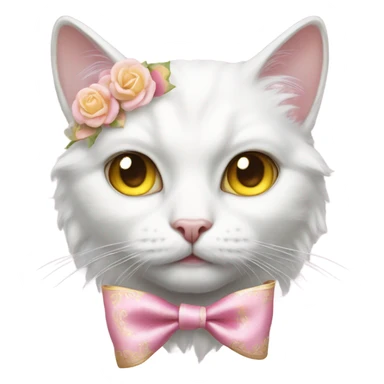 Realistic white cat with yellow eyes wearing pink rococo bow sticker