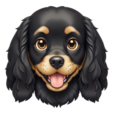 Cinematic Comical Black Cocker Spaniel Portrait Emoji, Head tilted dramatically with an exaggeratedly amused expression, featuring a shiny black coat with noticeable tan accents, wide, expressive dark eyes filled with playful disbelief, Simplified yet hilariously expressive features, highly detailed, glowing with a slightly sassy glow, high shine, dramatic yet playful, stylized with an air of cheeky mischief, bright and endearing, soft glowing outline, capturing the essence of a spirited and over-the-top companion, so meme-worthy it feels like it could side-eye its way into internet fame instantly! sticker