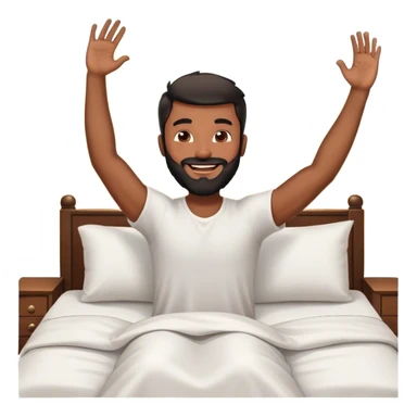 brown black beard happy man waking up out of bed stretching arms with sunshine in the back sticker