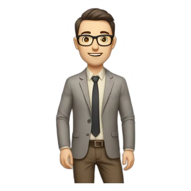 Pale skinned fit man with dark brown hair in gray jacket, beige office shirt, brown tie, brown pants and vintage glasses Writing on the marker board sticker