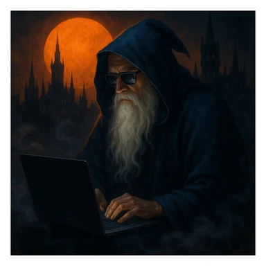 A modern technomancer: an old sage with a flowing white beard, deep blue hooded cloak, and sunglasses, focused on a laptop. He sits amid swirling smoke, with a glowing orange sun or moon and a gothic city skyline with spires in the background. Dramatic lighting with warm orange and cool blue/black tones. sticker