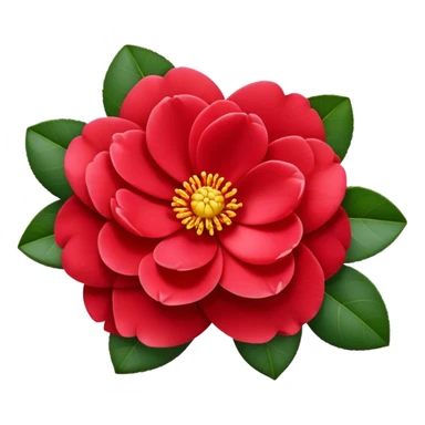 simple red camellia flower with exactly five overlapping petals and yellow center sticker