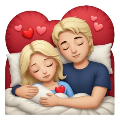 Sleeping romance couple. man has dark hair. woman is blonde. hearts around them. no third person. sticker