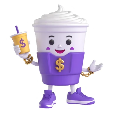 Edit the 3D cartoon character of a white Styrofoam cup with a friendly face, arms, gold chain with dollar sign, and purple Jordan sneakers. Change the swirl portion at the top of the cup to purple while keeping the rest of the character the same. No background. sticker