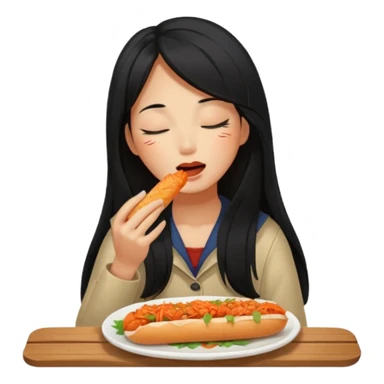 Girl black long hair eat kimchi close eyes baguette sticker
