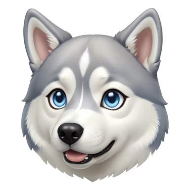 Cinematic Cute Siberian Husky Portrait Emoji, Head tilted playfully and inquisitively, featuring a lush grey and white coat with striking accents, round, sparkling icy blue eyes filled with curiosity, Simplified yet irresistibly adorable features, highly detailed, glowing with a crisp, friendly glow, high shine, affectionate and lively, stylized with a touch of whimsy, bright and endearing, soft glowing outline, capturing the essence of a mischievous yet loving pup, so playful it feels like it could dash out of the screen and into your arms! sticker