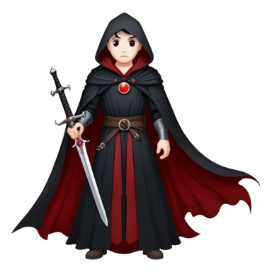 A lone swordsman in a flowing black cloak, standing under a blood-red moon sticker