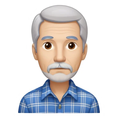 Thin older Hispanic man with light complexion. Elongated slim face with wise expression. Relaxed brown eyes. Long straight fine gray-white hair that covers the ears with soft fringe in front. White mustache connected to chin beard. Lean physique. Wearing a beige and blue plaid long-sleeved shirt. sticker