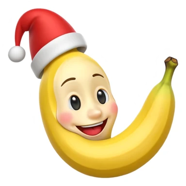 A 3D cartoon banana with a red nose and tiny hat, smiling face, playful pose, Memoji-style. sticker