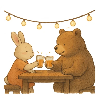 bunny and bear clinking juice cups under string lights, soft, warm, detailed, ghibli style sticker