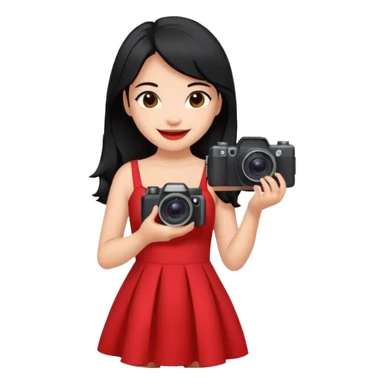 Lilo from Lilo & Stitch as an apple style emoji, smiling, holding a camera, red dress, black hair sticker