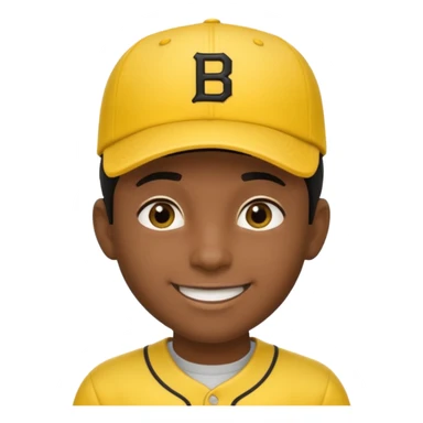 A man with dark skin tone, wearing a bright yellow baseball cap, short black hair mostly covered by the cap, large brown eyes, and a wide smile. sticker