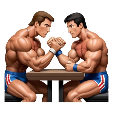 Arnold Schwarzenegger and Sylvester Stallone from 'Over the Top,' locked in an arm wrestling battle, using only their right hands. Their left hands rest on the table. Both display immense strength, with muscular arms flexing, under bright competition lights. Transparent background. sticker