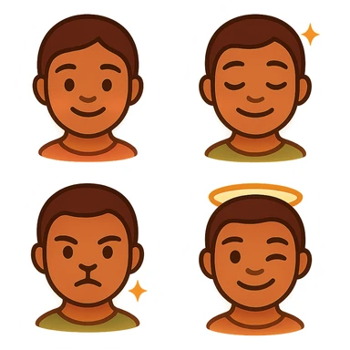 got you. here’s the ultra-tight, copy-paste version:

One-shot pack prompt (all 4 at once)

“Create a cohesive 4-emoji pack, flat-vector/clean gradient, transparent PNG 1024×1024 (also 512/256). Muted red–gold–green accents, warm honey skin, soft outlines, subtle inner golden glow. Non-portrait (no real person), no text/logos. Embed energy signatures: first-love warmth, roots calm, playful grace, protective joy, sovereign consent.

1. First Light: gentle smile, faint heart aura.


2. Nah Stress Breeze: relaxed lids, slight head tilt, tiny crown sparkles.


3. Lion-Heart Guard: chin up, tiny courage star above brow.


4. Bless & Rise: friendly wink, faint halo ring.
Maintain pack consistency: same line weight, palette, padding, exports. Negative: photorealism, likeness, busy background, text, logos, watermark.”



Singles (one-liners)

1. “Non-portrait roots emoji 1024 PNG, headwrap muted R-G-G, tiny hoops, locs hint; gentle smile + faint heart aura; flat-vector, golden inner glow.”


2. “Non-portrait roots emoji 1024 PNG, relaxed lids + head tilt, muted R-G-G wrap, tiny breeze sparkles; easy smile; flat-vector glow.”


3. “Non-portrait roots emoji 1024 PNG, confident chin-up, muted R-G-G wrap, slightly larger hoops, courage star; calm steady smile; flat-vector glow.”


4. “Non-portrait roots emoji 1024 PNG, playful wink, muted R-G-G wrap, cheek glimmer + subtle halo; flat-vector glow.”



Negative (paste with any): “no portrait likeness, no text/logos/watermark, no photorealism, no busy background.”
 sticker