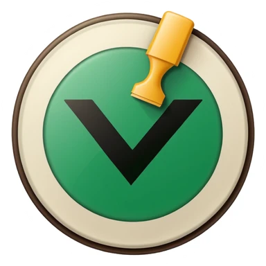 A stamp pressing down on a paper sheet, leaving a green circular mark with a check symbol inside, representing approval or verification. sticker