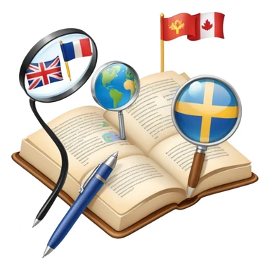 An icon featuring an open book, a pen, and speech bubbles, symbolizing philology and linguistics. The design includes alphabet letters, a magnifying glass, and flags of different countries, representing global languages and communication. Transparent background highlights language study. sticker