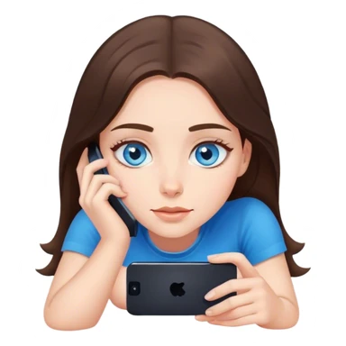 White girl brunett blue eyes, laying on stomach  using her phone sticker