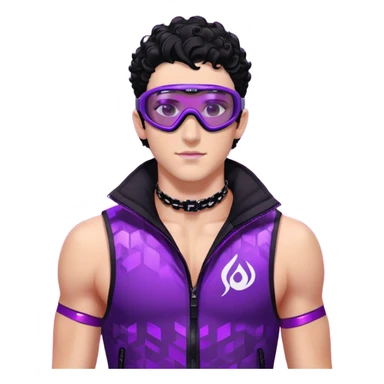 male athlete with white skin and moderately curly black hair on top with shaved sides, wearing ski goggles with purple frames and very dark black lenses, a simple plain black chain necklace, and a completely unzipped sleeveless vest with purple and black sequin fire pattern design, fully revealing his chest, shoulders and arms, no earrings sticker