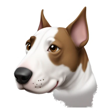Bull terrier with a brown/brindle face and ears and a black nose but his muzzle is white and he has a white stripe that goes up his nose to his forehead sticker