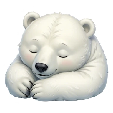 Meme-Worthy cute Sleeping Polar Bear Portrait Emoji, Head resting peacefully with a contented smile, showcasing a luxuriously soft snowy coat and eyes closed in serene slumber, Simplified yet hilariously adorable features, highly detailed, glowing with a soft, drowsy polar light, high shine, relaxed and utterly lovable, stylized with an air of playful laziness, bright and heartwarming, soft glowing outline, capturing the essence of a sleeping polar guardian that feels destined to become the next viral sensation of adorable rest! sticker