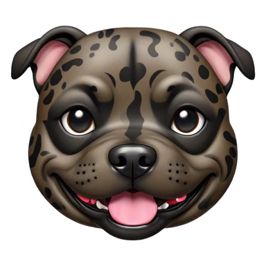 Cinematic Comical Black/Brindle Staffordshire Bull Terrier Portrait Emoji, Head tilted dramatically with an exaggeratedly amused expression, featuring a striking Fur with bold black and brindle patterns, wide, expressive dark eyes filled with playful disbelief, Simplified yet hilariously expressive features, highly detailed, glowing with a slightly sassy glow, high shine, dramatic yet playful, stylized with an air of cheeky mischief, bright and endearing, soft glowing outline, capturing the essence of a spirited and over-the-top guardian, so meme-worthy it feels like it could side-eye its way into internet fame instantly! sticker