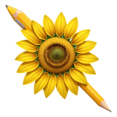A hyper-realistic object that is half sunflower and half wooden pencil, merging seamlessly at the midpoint. Bright yellow petals, natural textures, detailed graphite tip, soft studio lighting, high-resolution. sticker