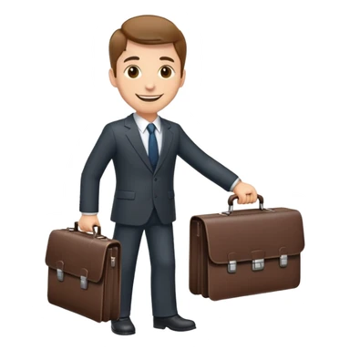 classic salesman with a suit and tie, smiling, holding a briefcase sticker
