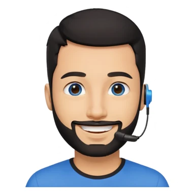 Man 30, black short hair, blue eyes and black short bears, on earpiece sticker