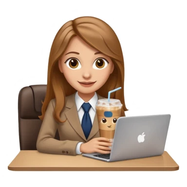 Women in front of laptop with a happy face, long light brown hair, light brown big eyes, light skin with a iced coffee on the side, business attire sticker