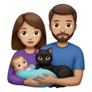 1 mom brown hair, 1 dad no beard, 1 baby and 1 black cat sticker