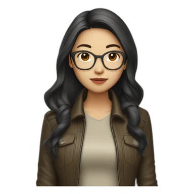 asian girl with glasses and a leather jacket with a  khaki shirt and long dark hair sticker