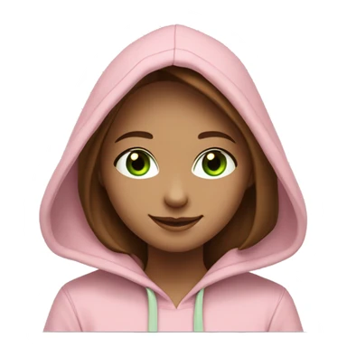 a girl with brown long hair, fair skin, green eyes, works relaxed and smiling at a modern laptop in a monochrome pale pink hoodie with a hood that is slightly pulled over her head sticker