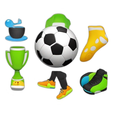 make a circle logo with all shapes of a Soccer ball, person running, wakeboard, Weird emoji, and swig cup sticker