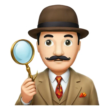 Icon for Detective Poirot: A colorful collage featuring Hercule Poirot in his iconic suit, with a mustache and a magnifying glass. Include a dark, mysterious city background and subtle clues like fingerprints or a crime scene. Retro movie poster style. Transparent background. sticker