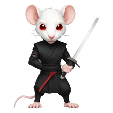 Albino rat red eyes wearing a headband, black ninja costume, dramatic pose, holding sword sticker