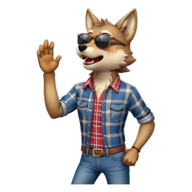 friendly anthropomorphised wolf in jeans and plaid shirt, wearing dark sunglasses, howling with the moon in the background, dynamic pose sticker