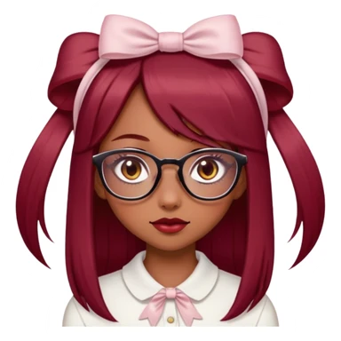 Beautiful girl with light brown skin, almond-shaped eyes, long straight hair, "dark cherry red" hair color, delicate and pretty glasses, small bow on her head and clean girl aesthetics  sticker