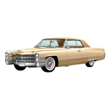 Elegant beige 1966 Cadillac DeVille with sharp details, consistent 30-degree perspective showing front and side, vintage luxury car styling, from Tarantino's Once Upon a Hollywood, iOS emoji style sticker
