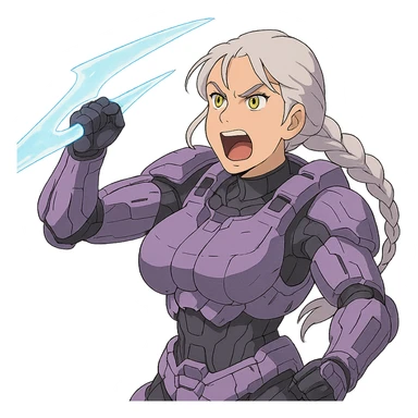female, wearing reach spartan armor default, long white braid hair, gold yellow eyes, attention pose, HALO:series, no helmet, the armor is lavender color scheme, shoulder pad off. DDD bust size fitting. Punk gothic cyberpunk, brandishing a covenant energy sword, preparing to swing and yelling sticker