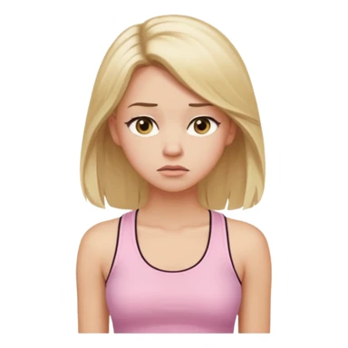 Create a young woman with long blonde hair, golden eyes, and medium-light skin tone, wearing a light pink tank top and leggings. She should be in portrait mode, but with a subtle doubting facial expression—slightly raised eyebrow, small frown, .  and her hand next to her chin likethinking face emoji sticker